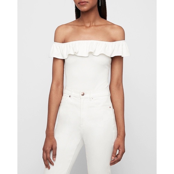 Express Ribbed Ruffle Off The Shoulder Bodysuit - Picture 2 of 3